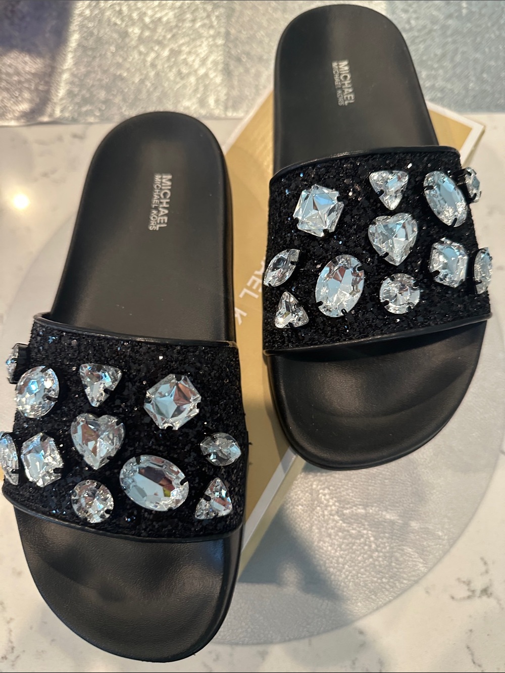 MICHAEL KORS Black Crystal Embellished Slide Sandals